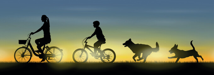 Young mother and son riding bicycle with dogs running outdoor nature at sunset vector silhouette.