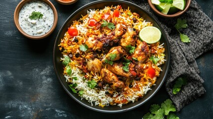 Top view of a beautifully plated serving of biryani with aromatic spices, tender chicken pieces, and a side of raita and salad