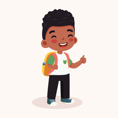 Cute African American Boy are happy with backpack. Back to school concept. Vector illustration in flat cartoon style
