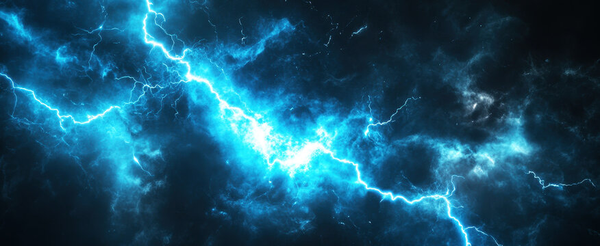 Blue lightning in the dark sky, background image, banner design. Energy texture overlay