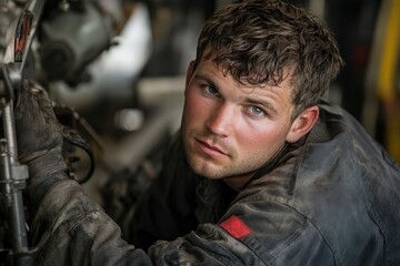 Obraz premium A mechanic covered in dirt works on machinery while wearing an industrial uniform and gloves, indicating a hands-on and physically demanding repair job in a cluttered workspace.
