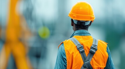 A worker in a safety harness, climbing an oil rig derrick