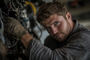 Mechanic in grey uniform and gloves intensely focused on working with wires and components of an intricate engine system, showcasing detailed craftsmanship and dedication.