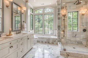 A large bathroom with a walk in shower and a bathtub
