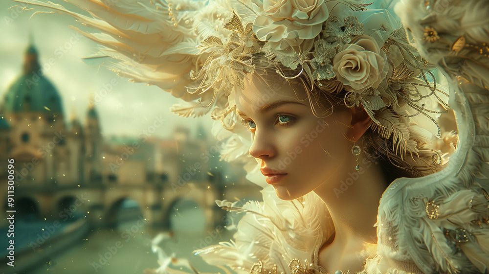 Poster portrait of an angelic woman with a city defocused background