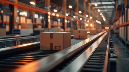 Closeup of multiple cardboard box packages seamlessly moving along a conveyor belt in a warehouse fulfillment center