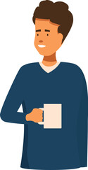 Friendly young man is holding a mug, smiling and looking to the side