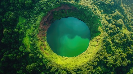 Top view of a dormant volcanic crater with a green lake at its center and surrounding forest