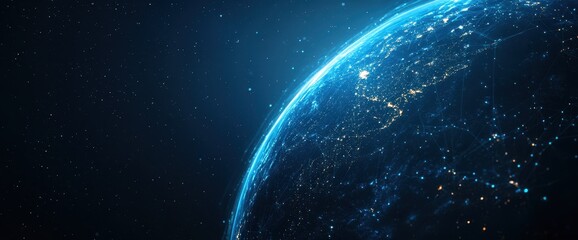 Obraz premium Smart city technology integration with worldwide communication networks, displayed on a wide banner with abstract elements