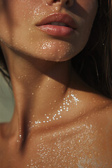 Close up detail beauty female woman neck part portrait hydrating care face with moisturizing skin serum cosmetic product.