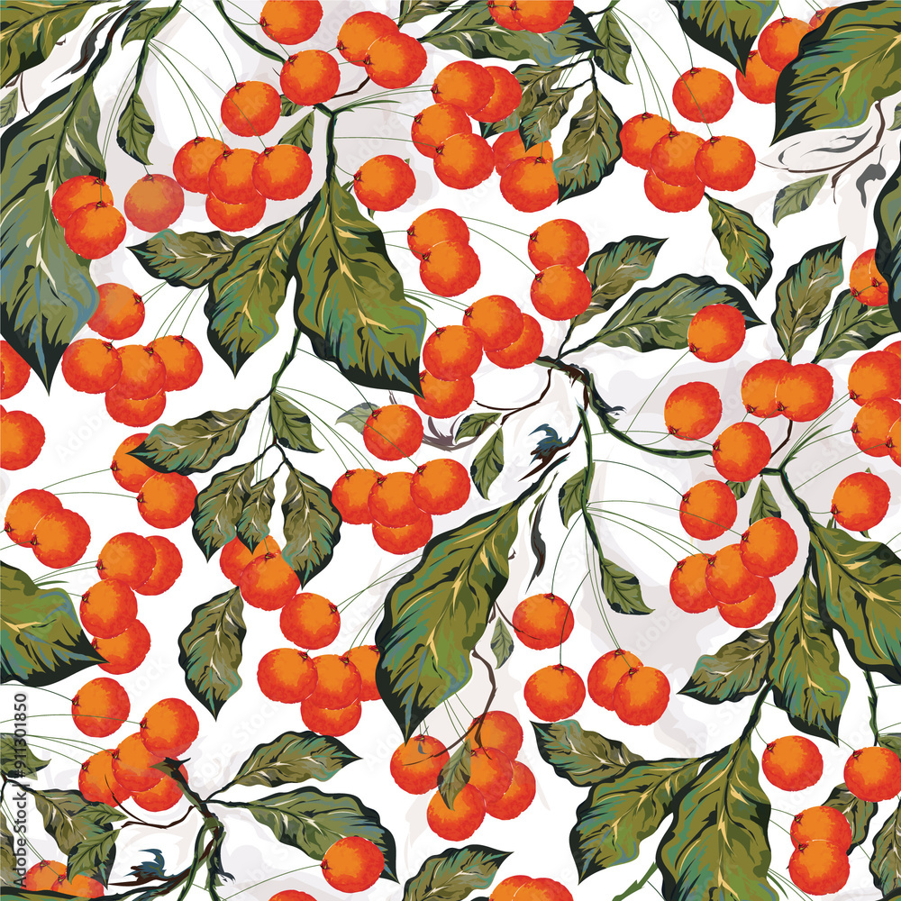 Sticker Orange berries with green leaves decorated seamless pattern background.