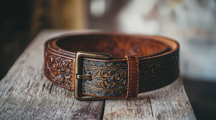 Groom's leather belt featuring an intricately engraved buckle, on a textured wooden background. A perfect choice for adding a unique, personalized touch to sophisticated wedding attire