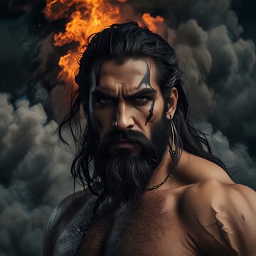 Greek god hades of the underworld older male fire eyes black hair black long beard muscular black clouds and smoke
