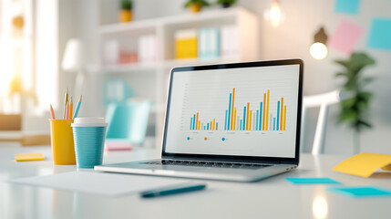 Contemporary modern workspace showcasing a laptop alongside insightful data visualization graphs to enhance productivity and analytics