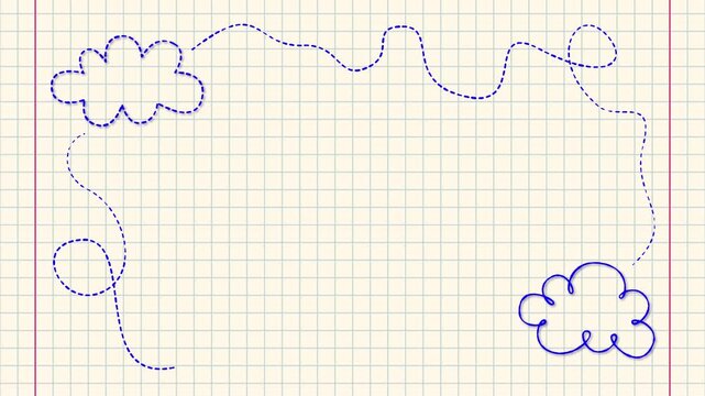 clouds on notebook sheet 4k animation,blue hand drawn clouds and lines on paper, schoo and baby shower design element