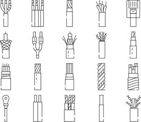 wire cable cord icons set vector. electrical technology, electric connection, network energy, power copper, black wire cable cord black contour illustrations