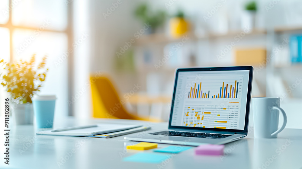 Poster contemporary modern workspace showcasing a laptop alongside insightful data visualization graphs to 
