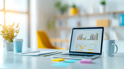 Contemporary modern workspace showcasing a laptop alongside insightful data visualization graphs to enhance productivity and analytics