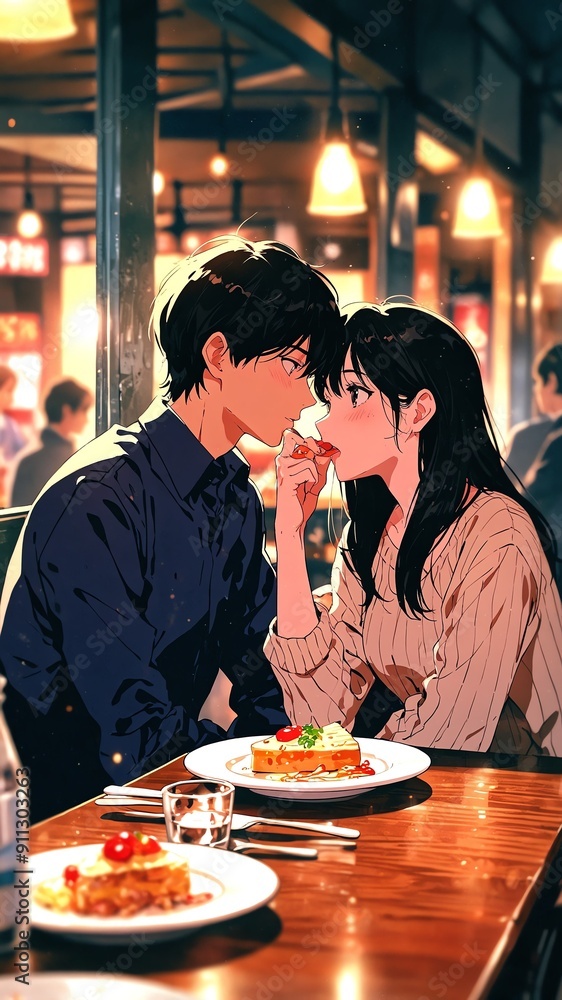 Poster anime couple eating at cafe background illustration cartoon design manga scene