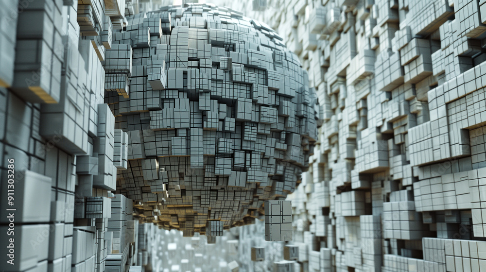 Poster large metallic sphere composed of interconnected cubes suspended in a complex geometric structure. c