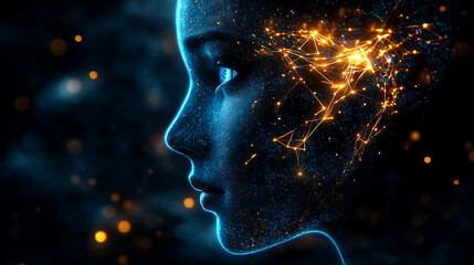 Obraz premium A striking side profile of a humanoid head, showcasing glowing blue and yellow eyes and an intricate neon neural network