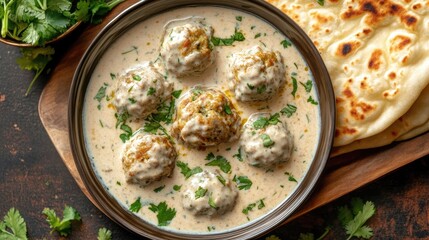 Top view of a serving of malai kofta in creamy gravy, paired with butter naan and garnished with fresh herbs