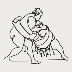 Fototapeta premium Japanese wrestler, sumo one line art. Continuous line drawing japan, fight, obesity, big man, person, pre-fight greeting, athlete, training, form, sport.