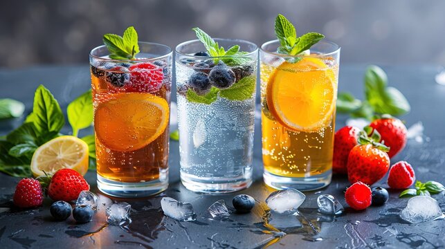 Various sugarfree drink options including herbal teas and sparkling waters. Concept Herbal Teas, Sparkling Waters, Sugar-Free Drinks