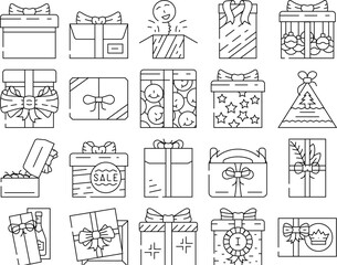 gift box birthday ribbon icons set vector. package surprise, holiday bow, christmas happy, celebration object, anniversary gift box birthday ribbon black contour illustrations