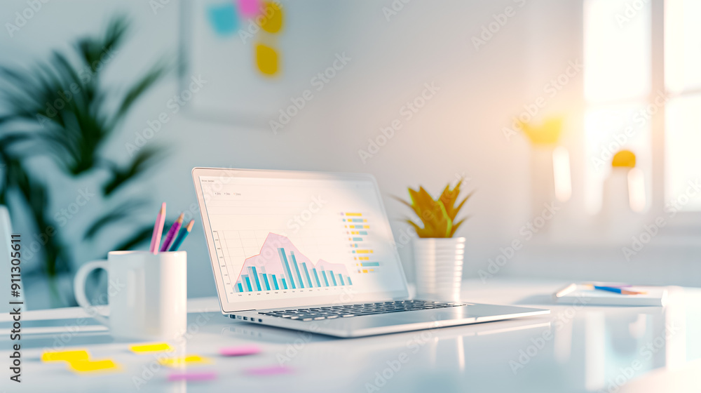 Poster contemporary modern workspace showcasing a laptop alongside insightful data visualization graphs to 