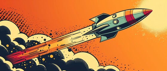 Illustrate a side view of a retro-inspired pop art rocket ship blasting off into space