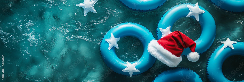 Wall mural blue aqua water pool star inflatable santa hat floating australian summer christmas school holiday b