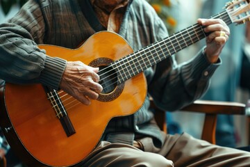 Obraz premium Musician playing acoustic guitar at home by the window