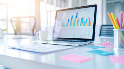 Contemporary modern workspace showcasing a laptop alongside insightful data visualization graphs to enhance productivity and analytics