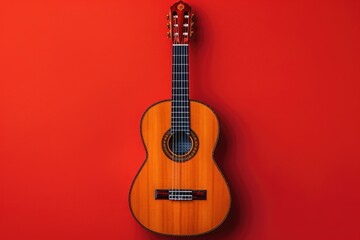 Acoustic guitar lying on red background with copy space