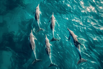 Aerial view of a pod of dolphins swimming in crystal clear ocean waters