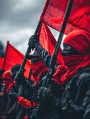 a group of people with red flags