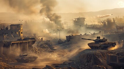 Obraz premium Geopolitical tensions and conflict zones concept. War-Torn Landscape at Sunset