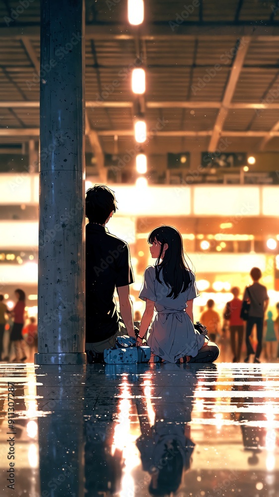 Poster anime couple sitting in mall background illustration cartoon design manga scene