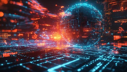 Obraz premium Futuristic Data Synergy with Nodes and Pathways Over a Global Map