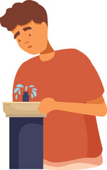 Young man is experiencing thirst and frustration as he tries to get a drink from a malfunctioning public water fountain