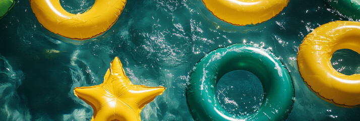 Turquoise ocean texture wave water yellow green gold star circle ring blow up inflatables summer tropical beach holiday fun playful outdoor relaxation vacation travel Aussie camping coast trip banner
