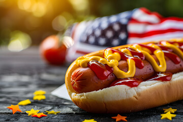 A hot dog with ketchup, mustard with an american stars and stripes flag. 4th July celebration food