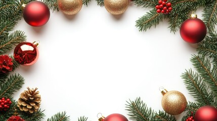 White background with a border of spruce, red Christmas balls, and golden ornaments, perfect for holiday messages