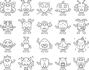 monster cute character icons set vector. funny happy alien, animal halloween, fun baby, comic colorful party, humor kid face monster cute character black contour illustrations