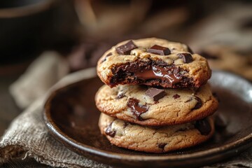 A stack of warm, gooey chocolate chip cookies with melted chocolate centers, perfect for dessert or a sweet snack.
