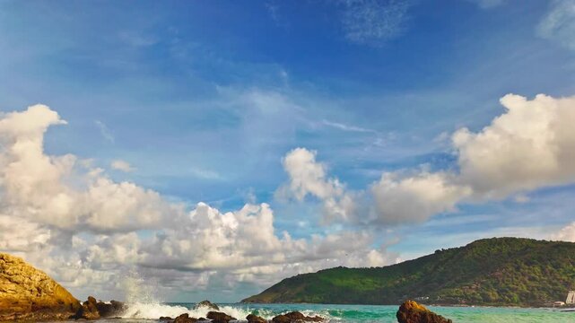 Slow motion video of the waves hitting the reef along Yanui Beach. The aqua blue sea.
the clean sea and quiet with white sand beach. Amazing place of tourist attractions. Snorkeling location.