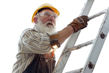 A senior electrician with a gray beard, wearing overalls and safety glasses.