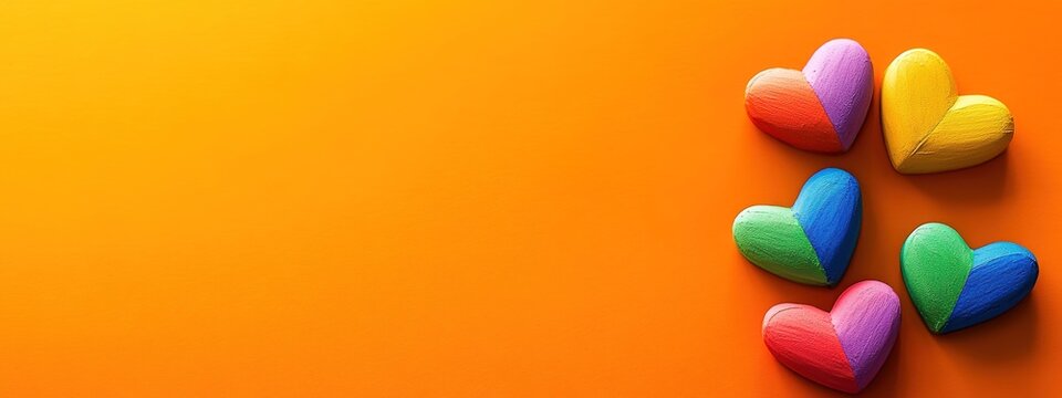Vibrant geometric hearts in rainbow colors on an orange background symbolize love, diversity, and inclusion. differences in a lively and colorful way, encouraging unity through artistic expression.