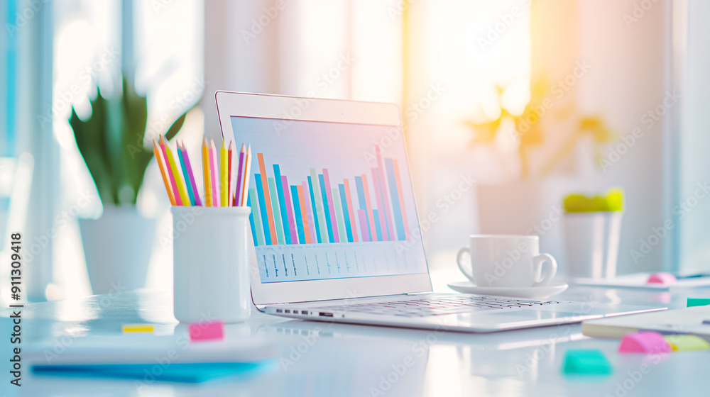 Poster contemporary modern workspace showcasing a laptop alongside insightful data visualization graphs to 